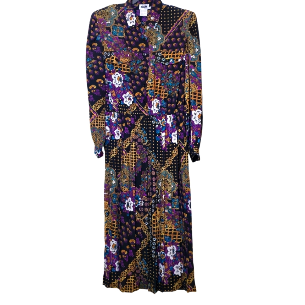 Vintage 80s Leslie Fay Colorful Long Sleeve Bishop Collar Dress Pleated Skirt